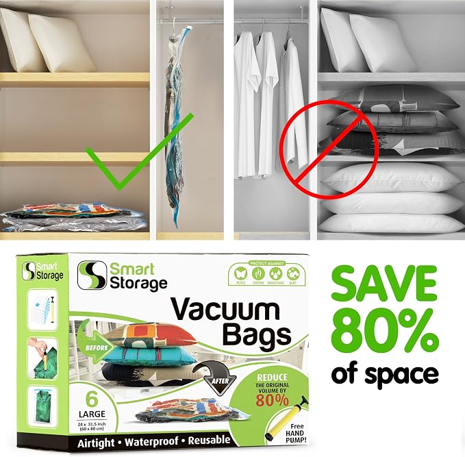 Large Vacuum Storage Bags 6 Pack with Hand Pump, 24x31.5 Inch Space Saver Bags for Clothes Comforters Blankets Pillows Bedding, Airtight Compression Bags for Travel Luggage and Under Bed Storage - Image 6