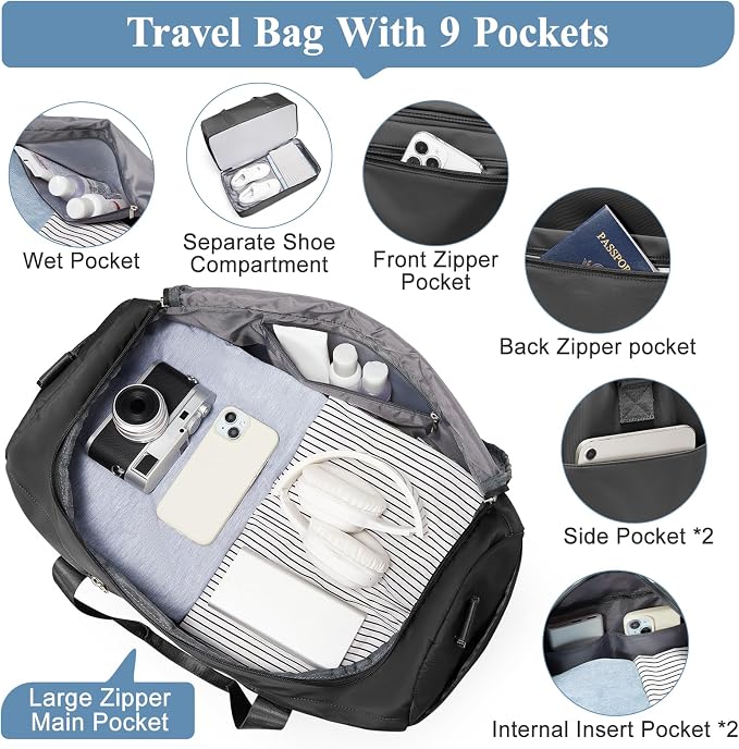Travel Duffel Bag,Carry-On Overnight Weekender Bags with Shoes Compartment | Travel Bag with Wet Pocket & Luggage Sleeve, For Spirit Airlines 18x14x8 Personal Item Bag,Small,Black - Image 5