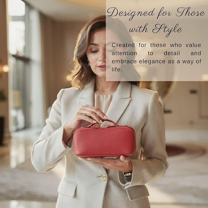VENOULT Makeup Bag, Spacious Cosmetic Case for Women, Portable 180° Wide-Open Flat Cosmetic Bag, Travel Toiletry Organizer with Handle, Hanmdade, Full Grain Genuine Turkish Leather (Carmine) - Image 6
