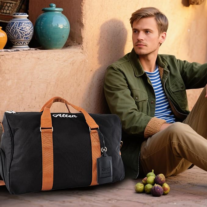 Duffle Bag for Men Boys Personalized Weekender Overnight Bag with Embroidered Name - Vintage Canvas Travel Duffle Bag for Men - Custom Gifts for Him Groomsmen Father (Black) - Image 5