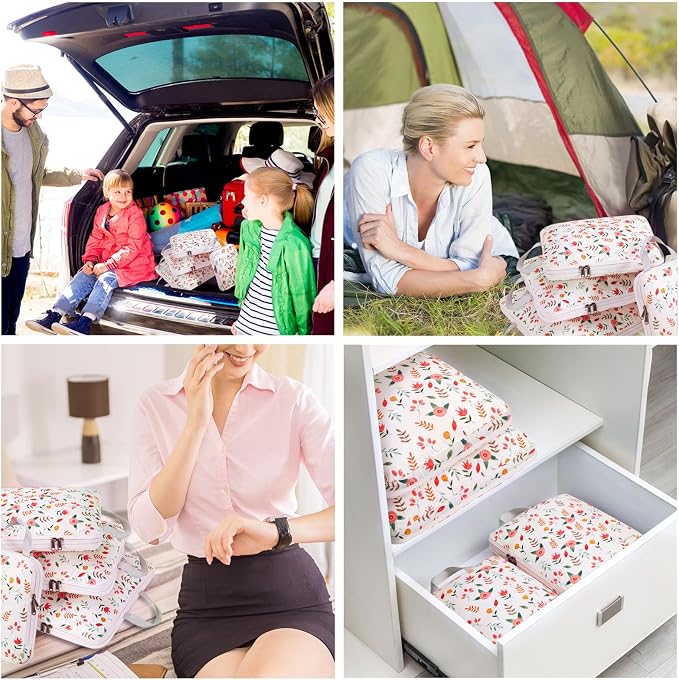 Gonex Compression Packing Cubes, 4pcs Expandable Storage Travel Luggage Bags Organizers (Floral Pink) - Image 6