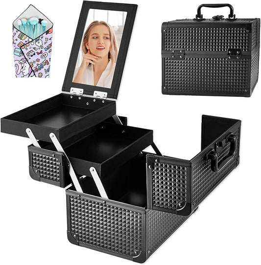 Makeup Train Case, Portable Makeup Case with Mirror, 2-Trays Cosmetic Organizer Case,Nail Polish Organizer, Travel Makeup Box, Profesional for Salon Barber, Black by Unknown