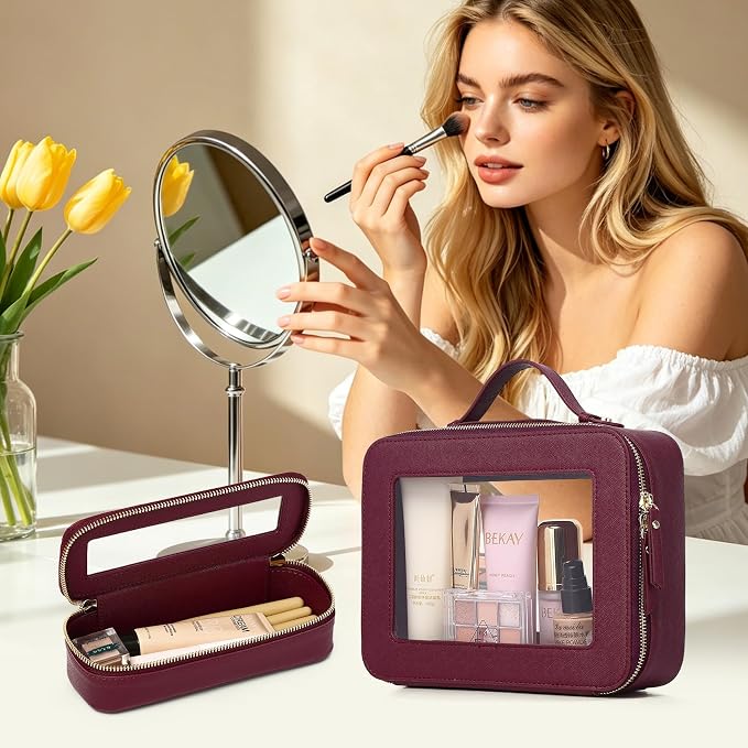 Clear Travel Makeup Bag, Burgundy, L+Slim | With Brush Bag, Transparent, Waterproof, With Zipper - Image 2