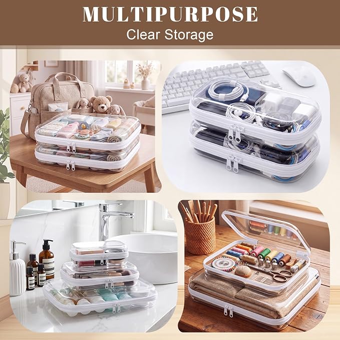 15 Pack Clear Hard Shell Zipper Case with 40 Labels, X-Large/Medium/Small Stackable Clear Pouches, Crush-resistant Travel Toiletry Bag Organizer for Makeup Board Games Electronics (White) - Image 4