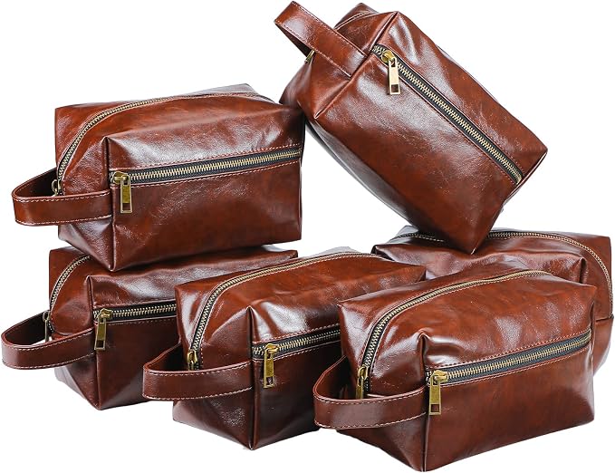 Hillban 6 Pcs Groomsmen Gift Men Travel Toiletry Bag, Bestmen Gifts Set, Leather Toiletry Bag with Side Handle Water Resistant Bathroom Supplies for Wedding Party Favor(Dark Brown) by Hillban