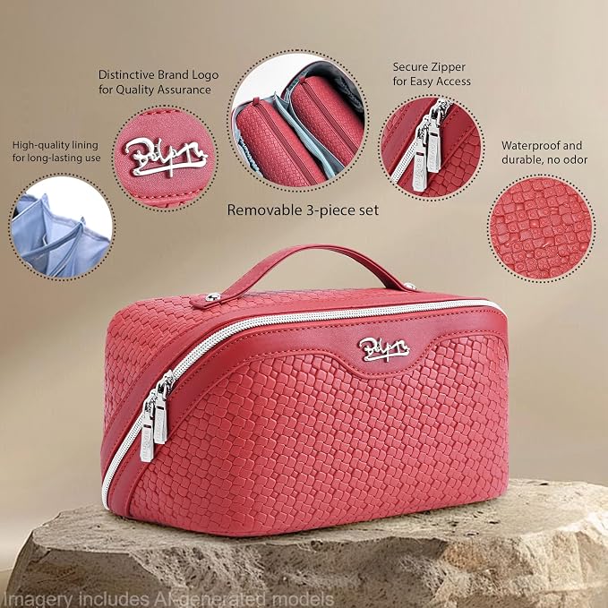 BOYATU Travel Makeup Bag Cosmetic Bags for Women: Large Capacity 3 Pcs Set Make up Bag with Compartments - Waterproof Vegan Leather Toiletry Organizer Bags with Handle (L54Rose) - Image 2