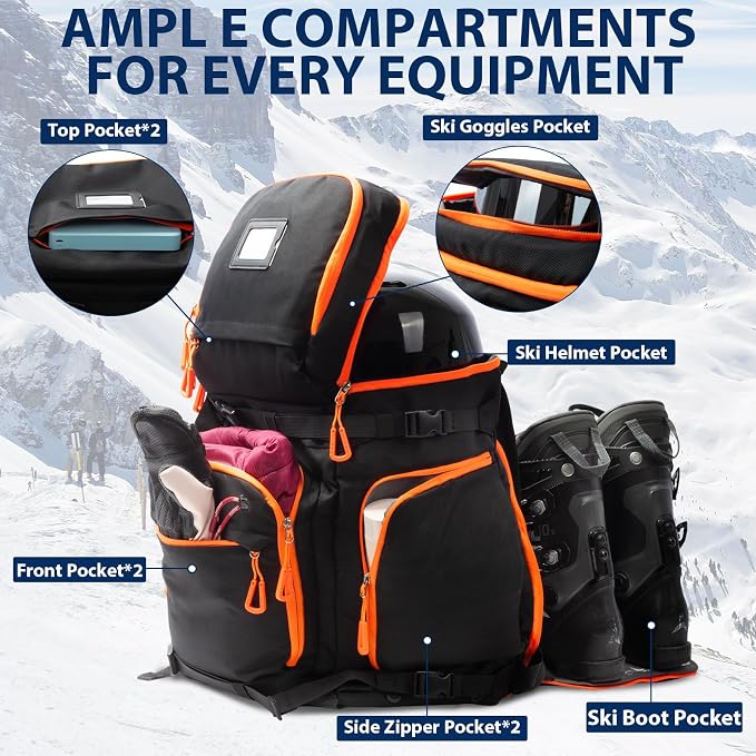 Ski Boot Bag, 70L Snowboard Boot Backpack, Waterproof Ski Boot Bag Backpack, Ski & Snowboard Boots Travel Backpack for Ski Helmets, Goggles, Gloves, Apparel & Accessories for Adults & Youth - Image 2