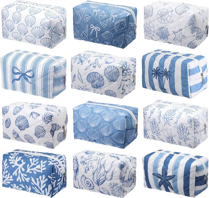 Hillban 12 Pcs Seashell Quilted Cosmetic Bag Bulk for Women Summer Beach Makeup Bag Seashell Themed Zipper Pouch Travel Toiletry Pouch Beach Kit Organizer Pouches Ocean Coastal Party Favor by Hillban