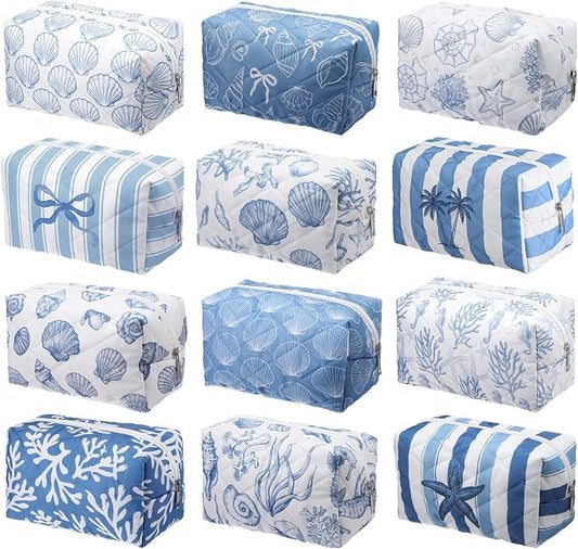 Hillban 12 Pcs Seashell Quilted Cosmetic Bag Bulk for Women Summer Beach Makeup Bag Seashell Themed Zipper Pouch Travel Toiletry Pouch Beach Kit Organizer Pouches Ocean Coastal Party Favor by Hillban