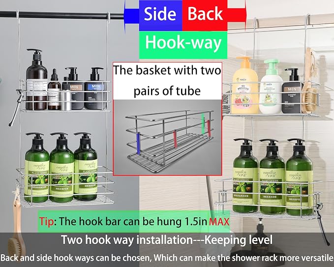 Hanging Shower Rack Shower Caddy with Rotatable Hook bar Over the Door and Can be Hung on the Faucet or Claw Foot, 304 Stainless Steel Rust Proof and Durable (Double-Layer) - Image 5