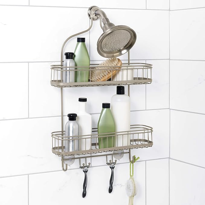 Zenna Home Shower Caddy, Modern and Functional, Steel Shower Rack with 2 Extra Wide Shelves and Built-in Hooks, Satin Nickel - Image 2