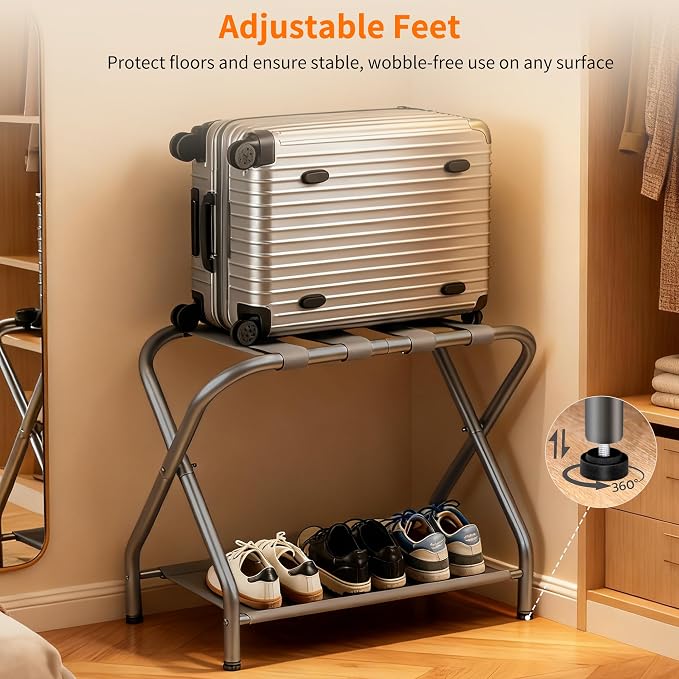 Heybly Luggage Rack for Guest Room, Pack of 2, Steel Folding Suitcase Stand with Storage Shelf for Bedroom, Hotel, Foldable Steel Frame, Guest Room, 26.2" L x 14.4" W x 20.5" H, Gray HLR004G2 - Image 3