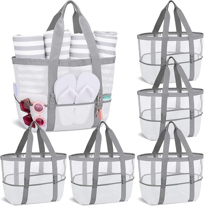 Hillban Large Beach Mesh Bags Bulk for Women Beach Tote Bag with 8 Pocket Zipper Waterproof Sandproof for Pool Cruise Ship by Hillban