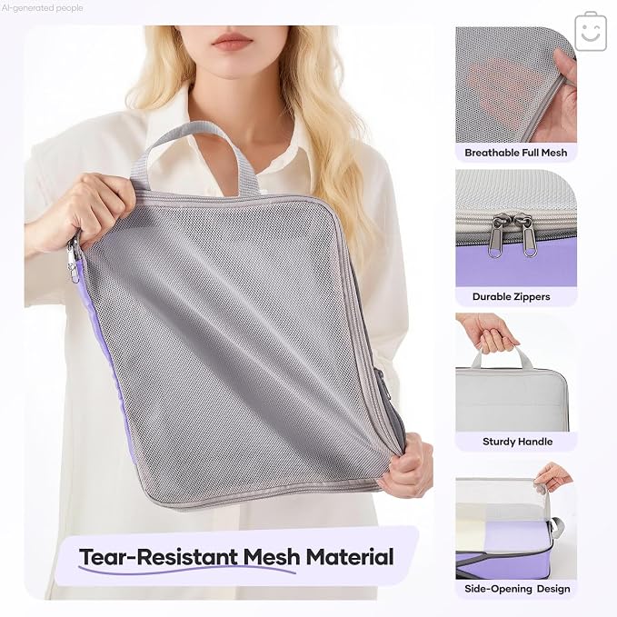 Veken 11 Set Compression Packing Cubes for Travel Essentials,Compressible Expandable Luggage Suitcase Organizer Bags with Garment Bag,Space Saver Bags with Over 1000 pcs of Mesh Holes(Light Purple) - Image 5