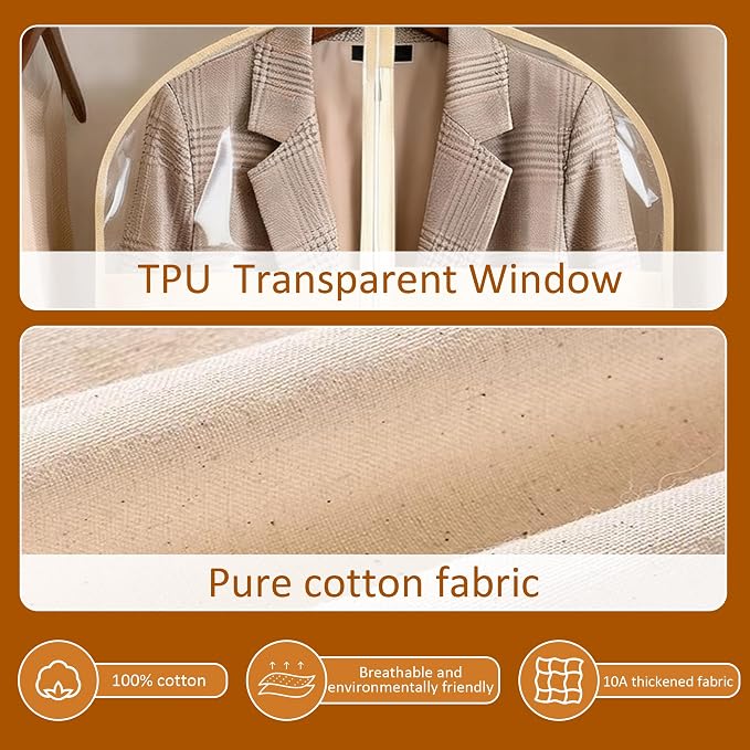 4 Pack 24 x 40 Inches Cotton Garment Bags for Hanging Clothes, Suit Bags for Clothes Coats Jackets Shirts Closet Storage Travel, Garment Covers with Clear Window - Image 6
