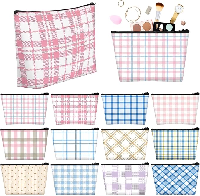 Sweetude 12 Pcs Pastel Plaid Makeup Bag Bulk Buffalo Plaid Portable Travel Cosmetic Bag with Zipper Preppy Checkered Waterproof Roomy Travel Toiletry Organizer Storage Beauty Pouch for Women Gifts by Sweetude