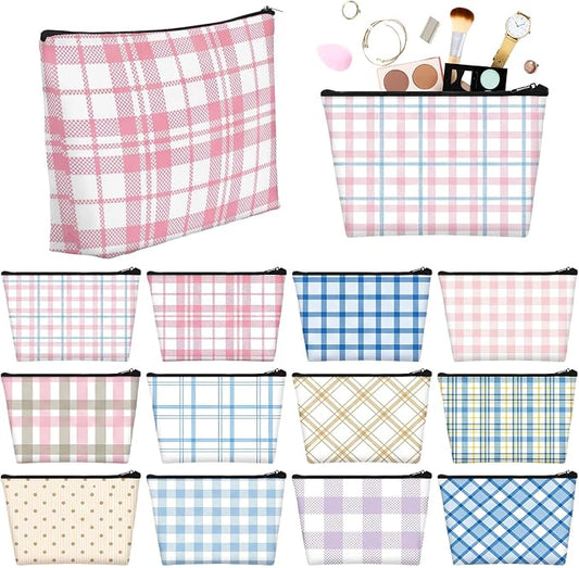 Sweetude 12 Pcs Pastel Plaid Makeup Bag Bulk Buffalo Plaid Portable Travel Cosmetic Bag with Zipper Preppy Checkered Waterproof Roomy Travel Toiletry Organizer Storage Beauty Pouch for Women Gifts by Sweetude