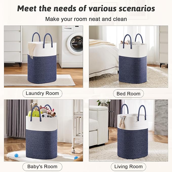 Laundry Basket,Woven Cotton Rope Laundry Hamper,Versatile Storage for Dirty Clothes,Baby Toys,and Blankets in Bathroom, Nursery,and Living Room (Blue, 60L) - Image 5