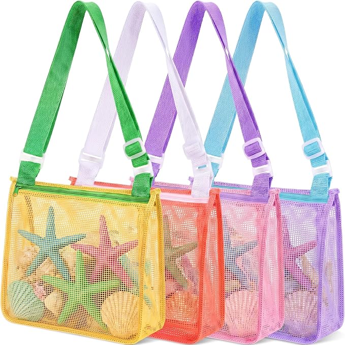Frienda 4 Pcs Mesh Beach Bag Beach Seashell Bag Shell Collecting Sand Toy Totes Colorful Swimming Accessories Storage Pouch with Adjustable Carrying Straps for Men and Women (Colors E) by Frienda