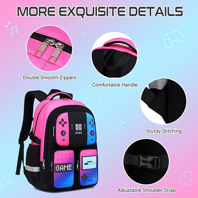 Gamer Backpack for Boys , 3PCS Boys Backpack with Lunch Box & Pencil Pouch, Waterproof School Bags for Boy Kids Children Teens, Elementary Middle School, Kids Book Bag Casual Daypack (Pink Blue) - Image 5