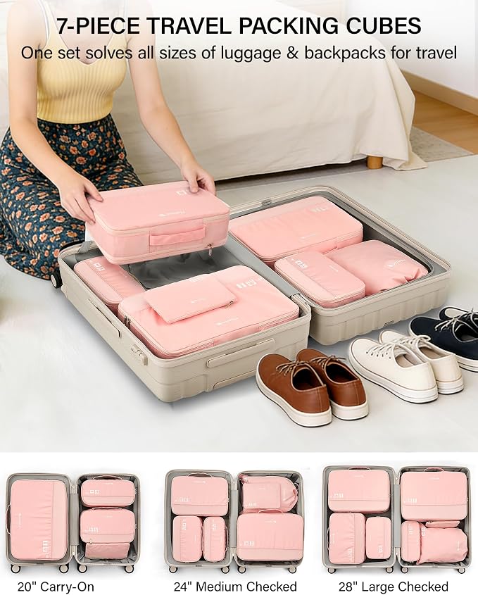 Hanke 7 Piece Expandable Compression Packing Cubes, Premium Travel Packing Organizers for Suitcases/Carry On, Luggage Organizer Bags with Breathable Mesh & Label,Pink - Image 8