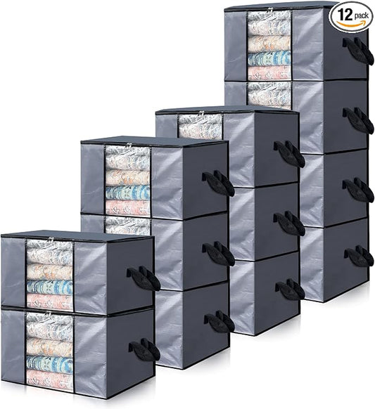 Cosy Family 12 Pack 90L Heavy Duty Extra Large Moving Bags with Reinforced Handle - Strong Handles & Zippers, Storage Totes For Space Saving, Fold Flat, Alternative to Moving Box, Grey by Cosy+Family