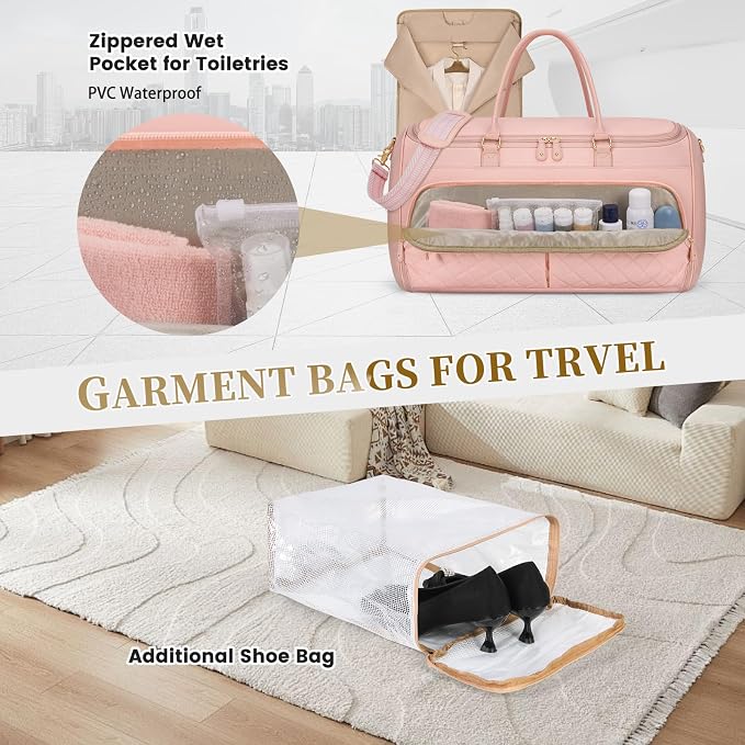 RAINSMORE Garment Bags for Travel Women Convertible Garment Duffle Bag for Hanging Clothes, Large Carry On Garment Bag with Shoe Bag & Wet Pocket, Foldable Dress Suit Business Travel Weekender Bags - Image 2