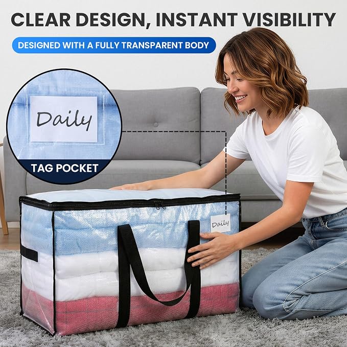 TAILI Extra Large Moving Bags, 2 Pack Clear Heavy Duty Totes For Storage with Visible Window, Wrap Around Handles, Storage Bags for Space Saving, Alternative to Moving Boxes - Image 5