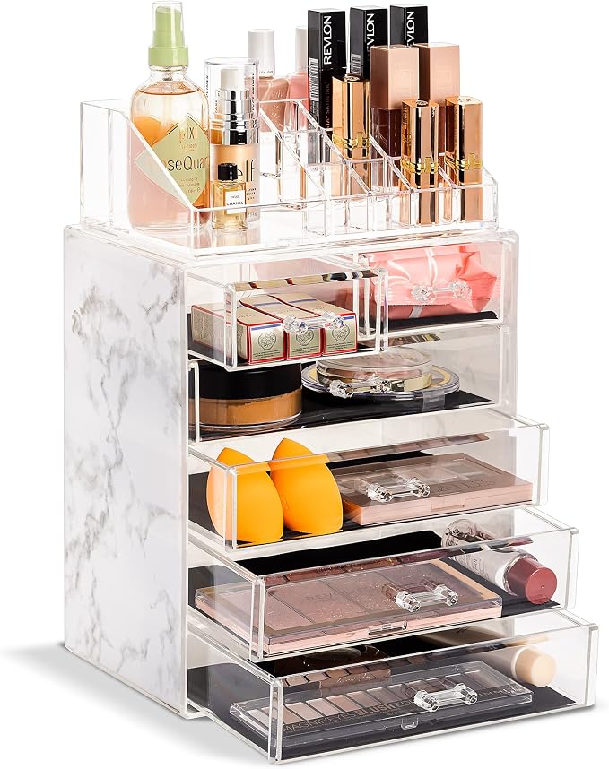 Sorbus Acrylic Makeup Organizer Set, 6-Drawer Vanity & Countertop Cosmetic Storage with Small & Wide Compartments, Marble Print Makeup Storage for Brushes, Jewelry – Holiday Gift for Women & Teens by Sorbus