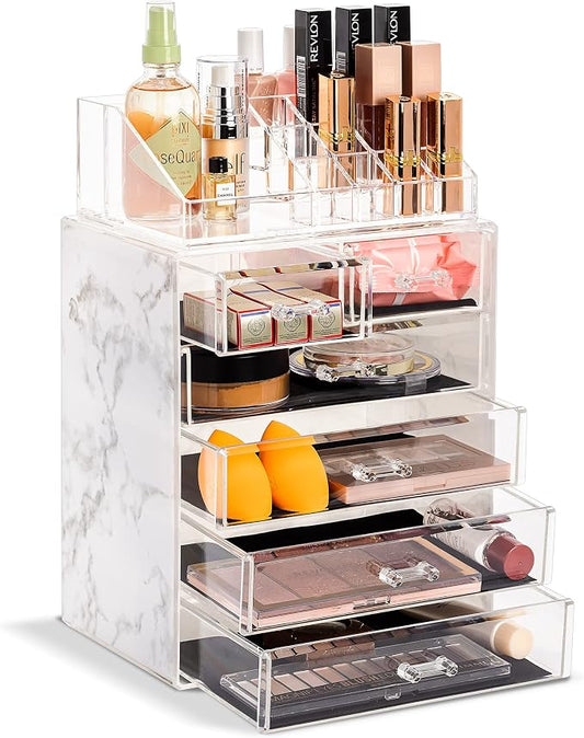 Sorbus Acrylic Makeup Organizer Set, 6-Drawer Vanity & Countertop Cosmetic Storage with Small & Wide Compartments, Marble Print Makeup Storage for Brushes, Jewelry – Holiday Gift for Women & Teens by Sorbus