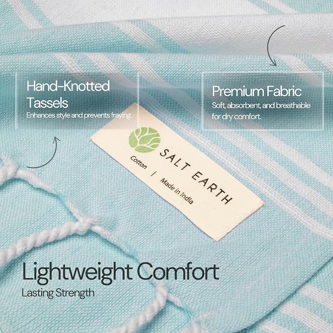 Salt Earth Cotton Turkish Beach Towel (Set of 2, 36"x72") - Soft, Quick Dry, Sand Resistant, Absorbent Towels for Bathroom, Home, Travel, Pool, Spa, Bath, Swim - Beach Towels Oversized (Aqua) - Image 2