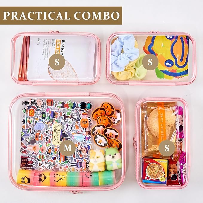 4 pcs Clear Zipper Pouches,Hard Shell Zipper Case, Toiletry Bag for Travel | CLear Diaper Bag, Toiletry Pouch, Travel Organizer, Cosmetic Bag,Toy Storage Bins (M+3S) (Light Pink) - Image 3