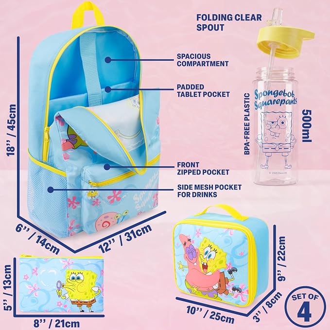 Get Trend SpongeBob SquarePants Kids Backpack 4 Piece Set for Boys, Girls | 18 Inch Bookbag with Insulated Lunch Bag, Zipped Pencil Case & BPA-Free Water Bottle, Back to School Gifts for Kids - Image 3