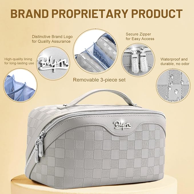 BOYATU Travel Makeup Bag Organizer: 3 Pcs Set Large Capacity Cosmetic Bags Holds 10–20 100ml Full-Size Bottles - 180°Open-Flat Make up Case 3-sec touch-up - Toiletry Bag Gift women (03-A-Gray) - Image 3