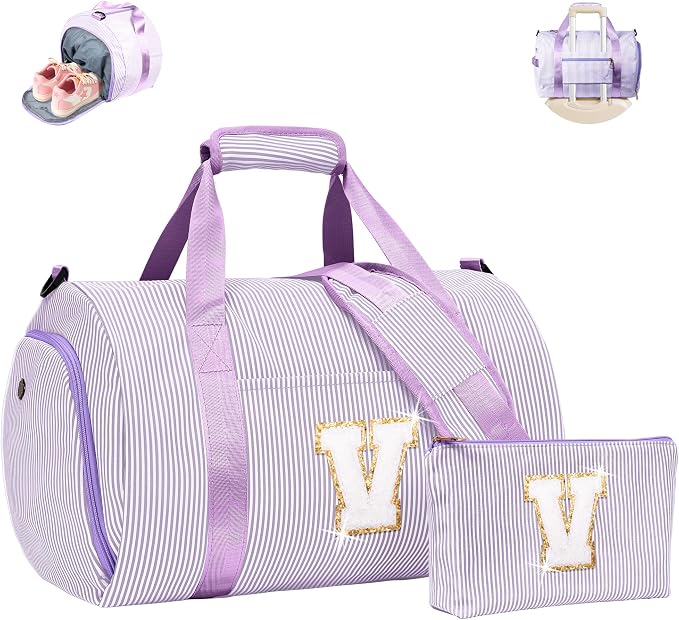 Gifts for Teen Girl, Girls Travel Duffle Bag, Kids Initial Overnight Duffel Bags with Shoe Compartment, Personalized Dance Bag with Cosmetic Pouch, 10 Year Old Kid Birthday Gift (Letter V) by Vogewood