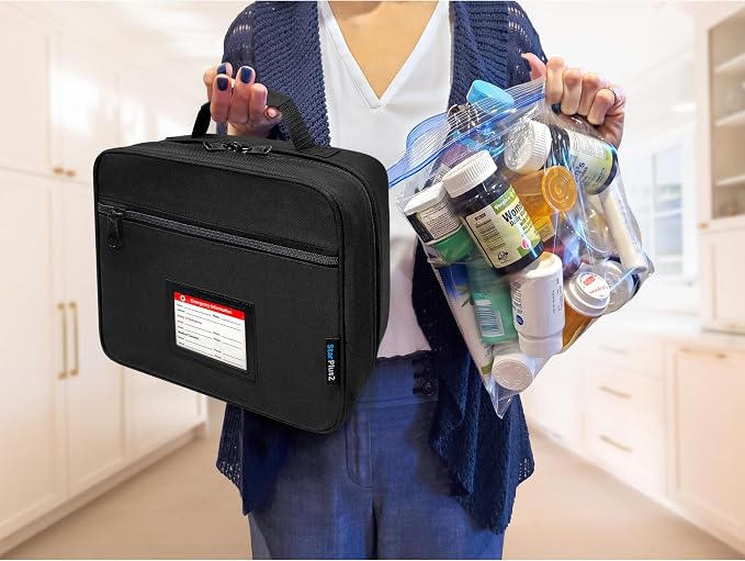 Large Pill Bottle Organizer & Medicine Bag, Emergency Card, Black | Prescription bottle organizer with emergency card, 10 pockets and padded storage for medications, supplements, vitamins - Image 6