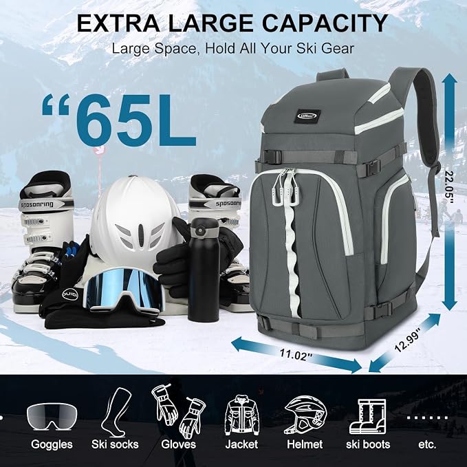 Ski Boot Bag, 65L Waterproof Ski Bag & Snowboard Boot Bag, Travel Backpack for Skis Snowboard Helmet Goggles & Accessories - Image 2