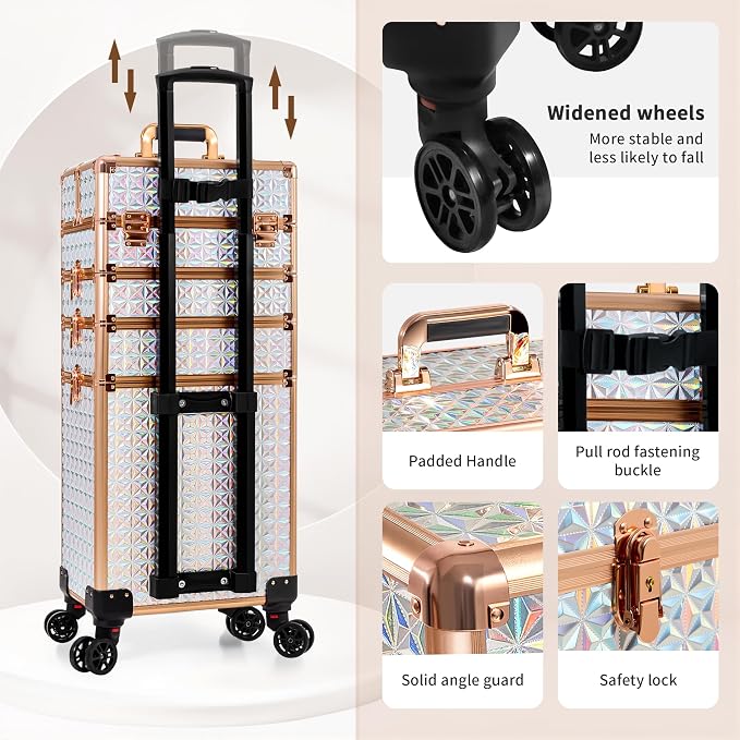 AROUS 5 in 1 Rolling Makeup Train Case with Lid Cosmetology Case on Wheels | Large Cosmetic Trolley Organizer with Keys Salon Barber Case Traveling Cart Trunk for Artist Hairstylists Nail Tech,White - Image 6