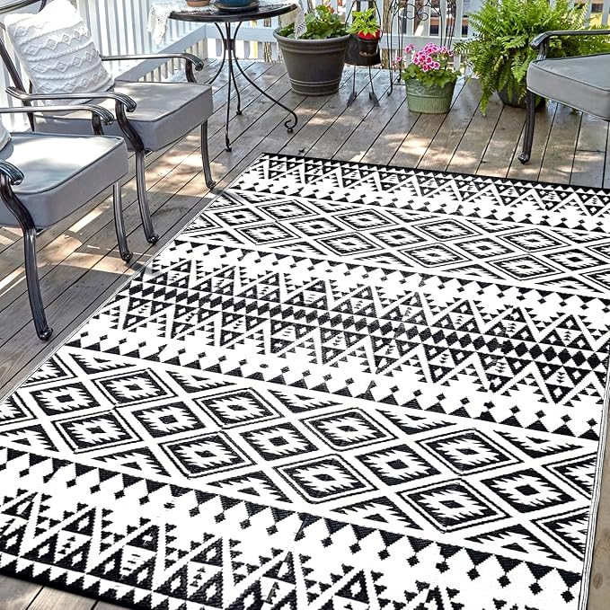 Waterproof Outdoor Rug 9x12ft, Bohemia Reversible Plastic Straw Mat for Patio RV Deck Porch Backyard Balcony Camping Picnic Beach Indoor Outdoor Carpet, Black&White by DiiKoo