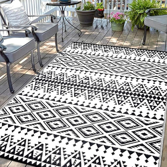 Waterproof Outdoor Rug 9x12ft, Bohemia Reversible Plastic Straw Mat for Patio RV Deck Porch Backyard Balcony Camping Picnic Beach Indoor Outdoor Carpet, Black&White by DiiKoo