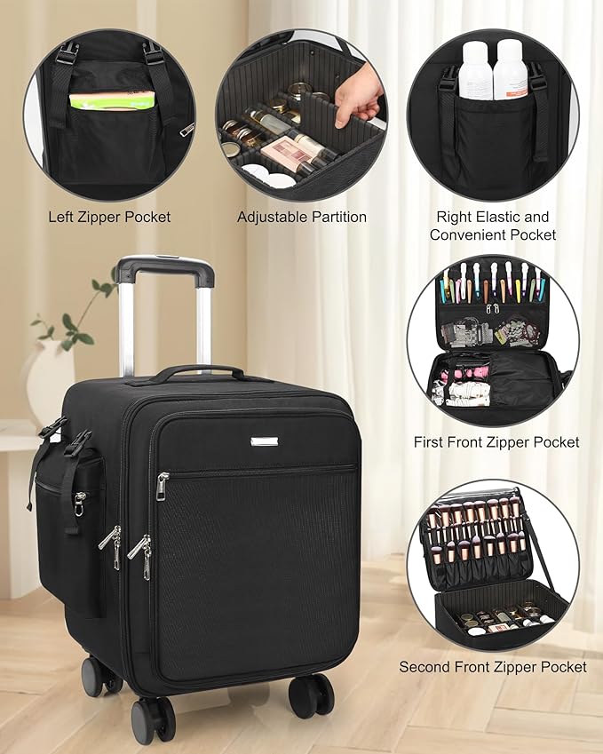 Relavel Rolling Makeup Case Professional Makeup Train Case, Makeup Artist Travel Bag with Wheels, 3-in-1 Portable Travel Beauty Trolley Case for Cosmetology Storage (Black) - Image 4