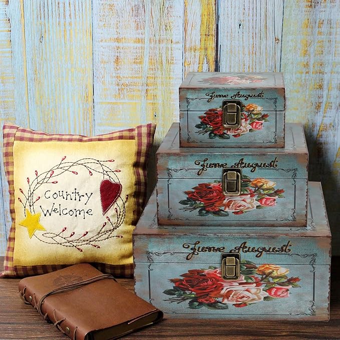 Jolitac Wood Storage Box Set of 3, Vintage Decorative Nesting Boxes Wooden Treasure Storage Crates With Latch, Home Decor Rustic Antique Boxes With Lid for Photos, Jewelry, Cash (Bloom) - Image 5