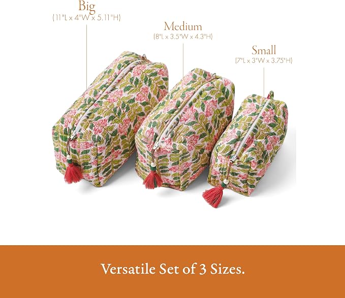 Saffron Marigold Quilted Makeup Bag Set of 3, Hand Block Printed Cotton Cosmetic Bags for Women, Waterproof Lined Travel Toiletry Bag, Coquette Aesthetic, Handmade Gift, Madagascar Periwinkle Vanilla - Image 4