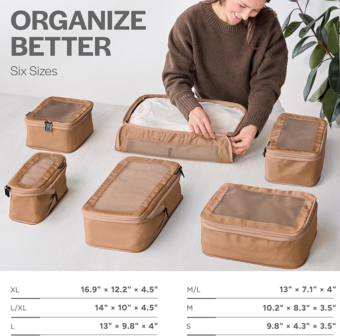 Aerotrunk Compression Packing Cubes for Travel - Luggage Organizer Bags - Double Zipper Packing Cubes for Suitcases (6-Pack, Mocha) - Image 3