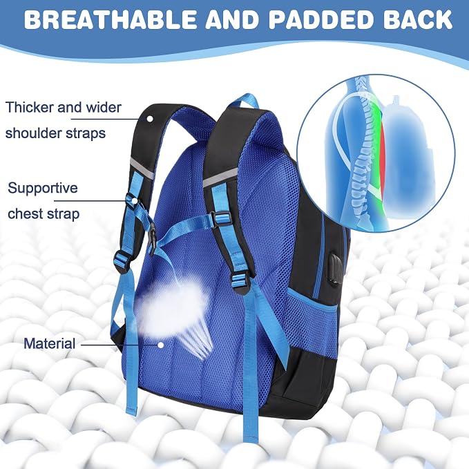 Bevalsa Backpack for Boys, School Bags for Kids, Bookbag for Boys Girls Children Teens Backpacks for Elementary Middle High school Student, Bookbag and Lunch Bag Set with USB Charging Port (Blue) - Image 6
