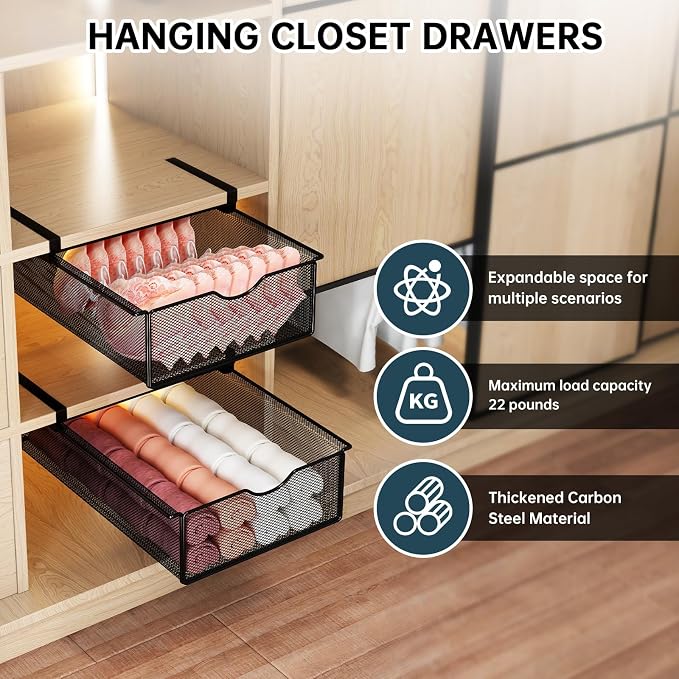 2 Pack Underwear Sock Drawer Organizer Set, Pull-Out Storage Baskets for Bra & Clothing, Closet & Dorm Room Organization Essentials(Black) - Image 2