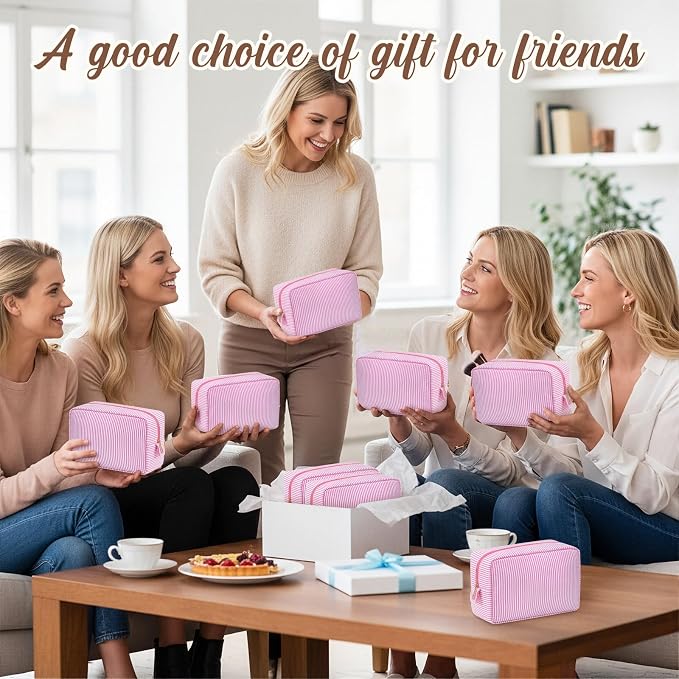 Sanwuta 10 Pcs Seersucker Cosmetic Bag Seersucker Makeup Bag Women Stripe Large Travel Toiletry Organizer Preppy Storage Pouch for Embroidery Wedding Bridesmaid Bride Mom (Pink) - Image 7