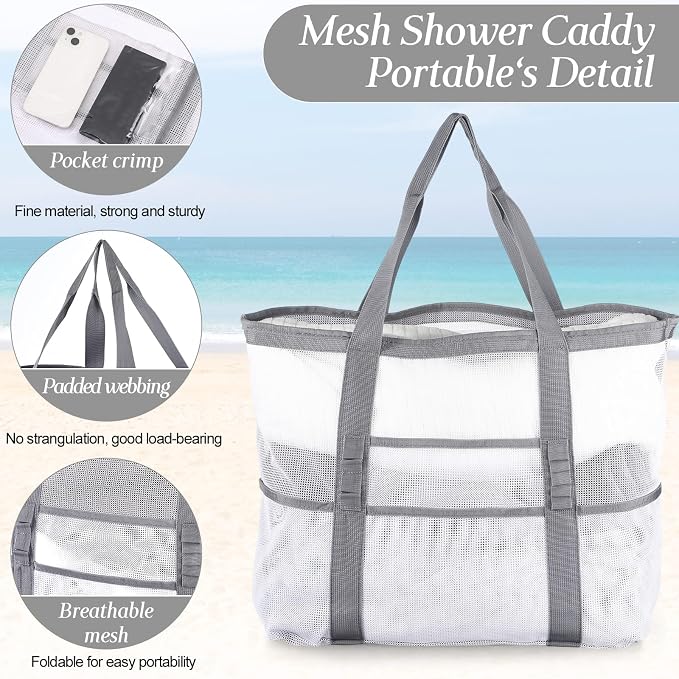 Hillban Large Beach Mesh Bags Bulk for Women Beach Tote Bag with 8 Pocket Zipper Waterproof Sandproof for Pool Cruise Ship - Image 4