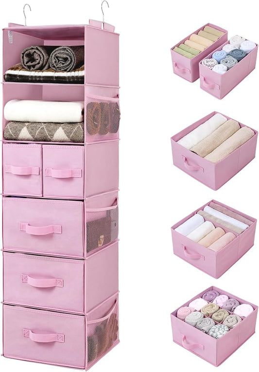 GRANNY SAYS Hanging Closet Organizers and Storage, 6 Shelves Closet Hanging Organizer with 6 Side Pockets, 5 Drawer Storage Organizer, Portable Hanging Shelves for Baby Closet, Pink Shelf by GRANNYSAYS