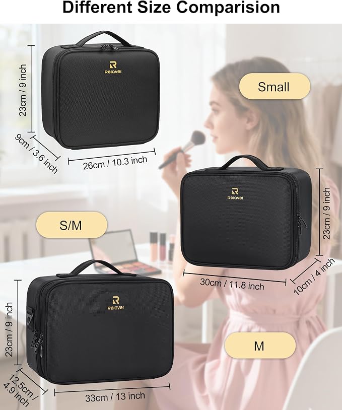 Relavel Makeup Bag Travel Makeup Train Case Large Capacity Cosmetic Case Professional Portable Makeup Brush Holder Organizer and Storage Box with Adjustable Dividers Black - Image 8